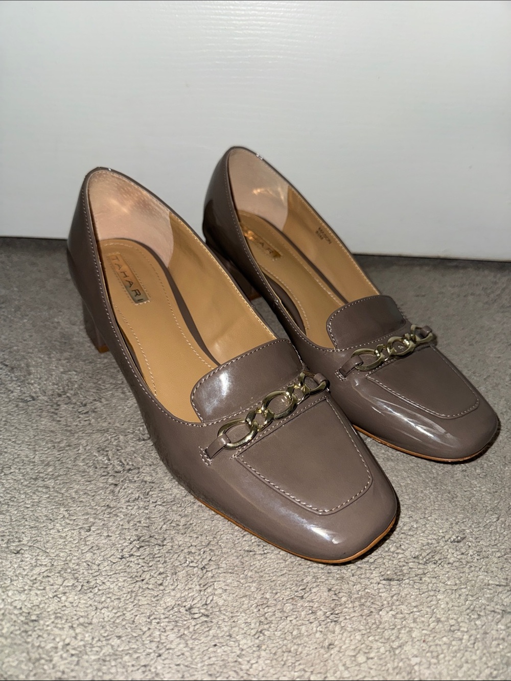 Tahari Mason Taupe Patent Block Heel Loafers with Chain